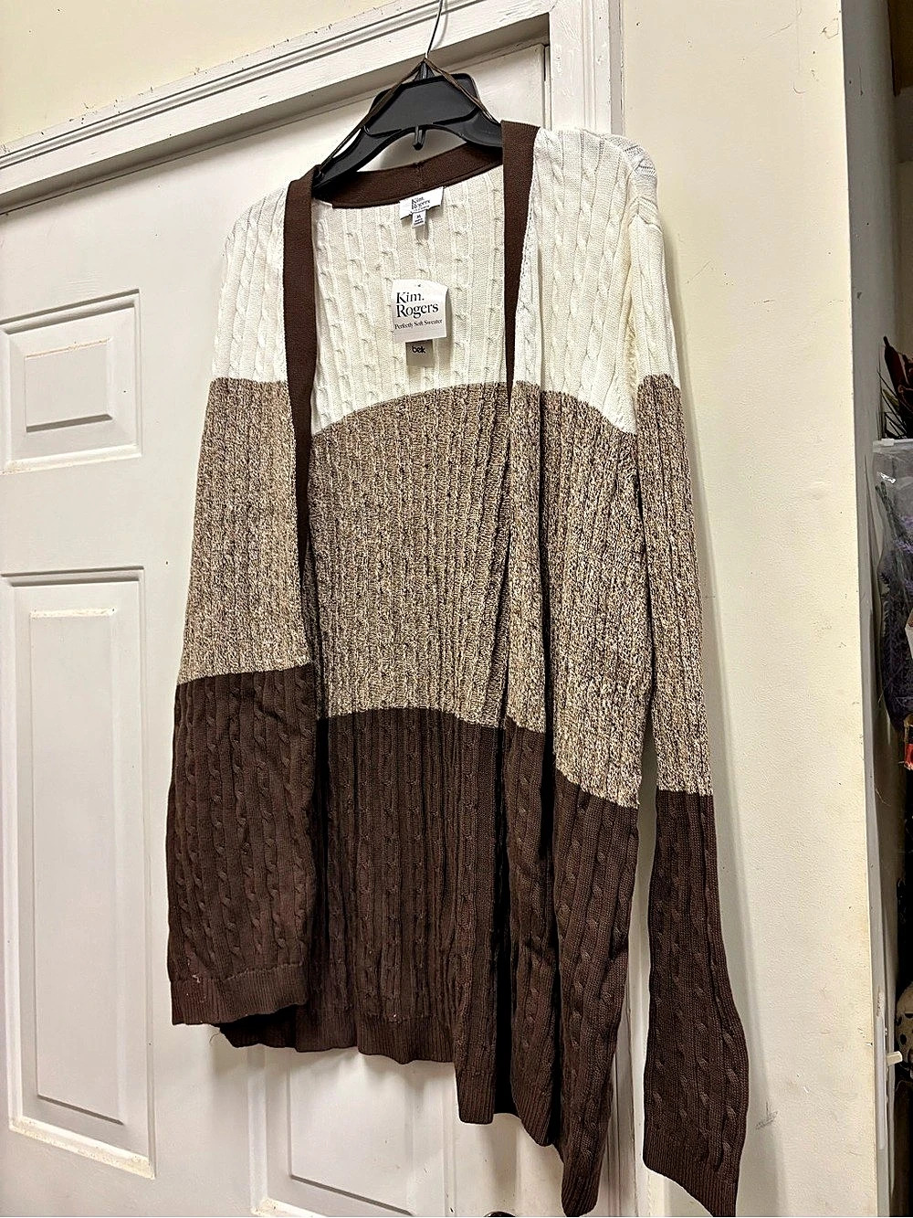 Kim Rogers Colorblock Cable Knit Open Front Cardigan XL
